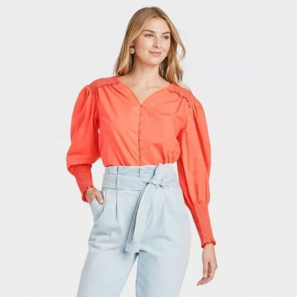 A new day Coral smocked Poplin V neck Top NWT S - Picture 1 of 4